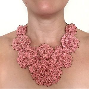 Crochet pink floral statement necklace